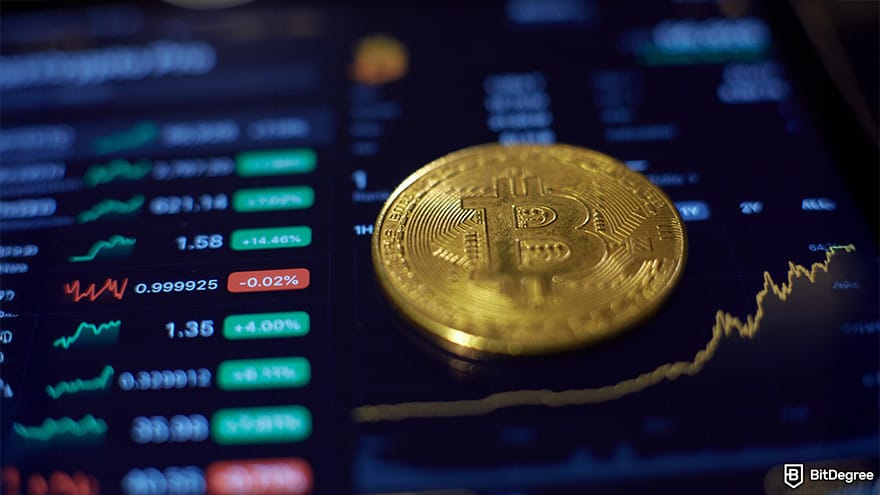 Best cryptocurrency exchange: Bitcoin coin on a tablet showing crypto price movements.