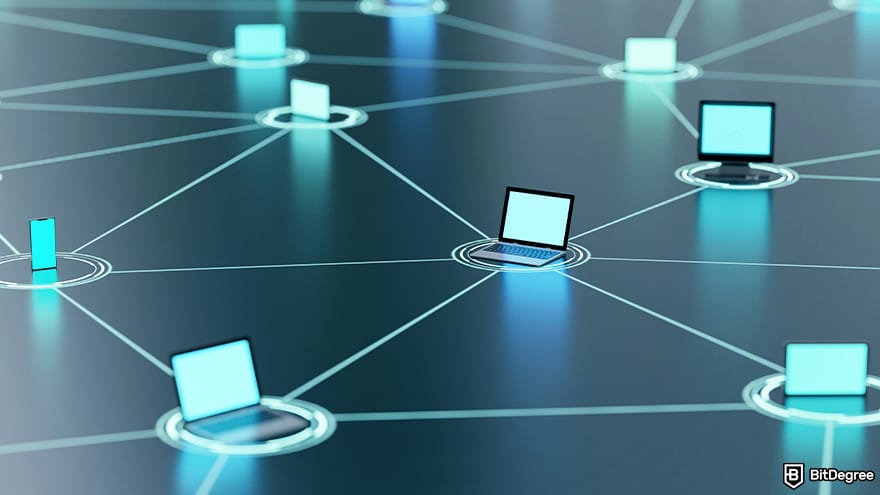 Best cryptocurrency wallet: network of devices representing blockchain nodes and distributed ledger technology.