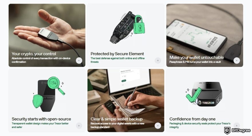 Hardware crypto wallet: Trezor Safe 3 features.