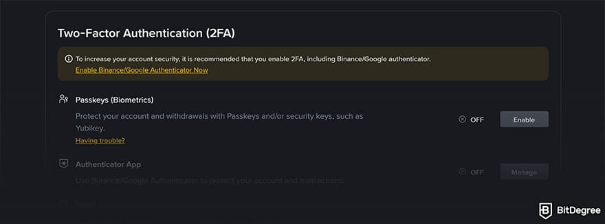 Binance Review: Binance 2FA settings with passkey and uthenticator options.