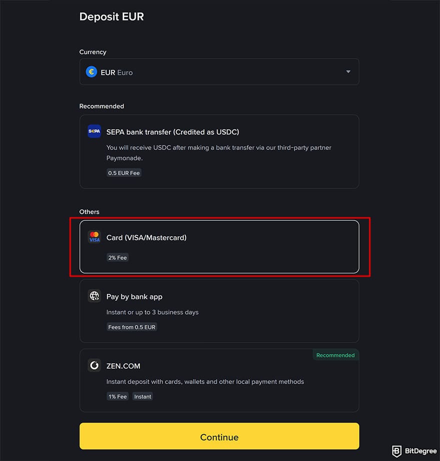 Binance Review: select payment method.