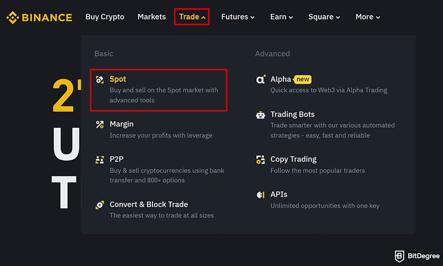 Binance Review: In the Trade menu, selecting the Spot tab.