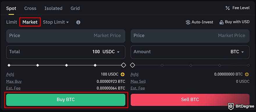 Binance Review: choose an order type.