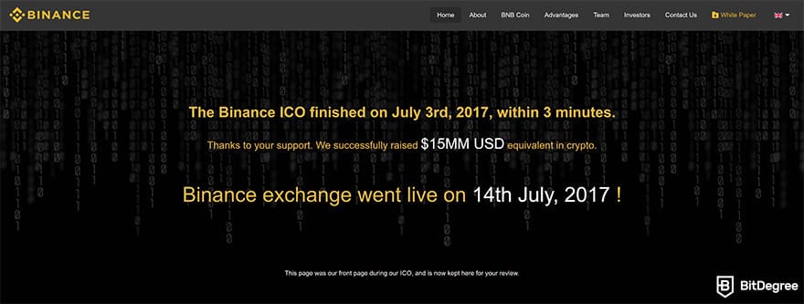 Binance Review: the Binance ICO page from 2017.