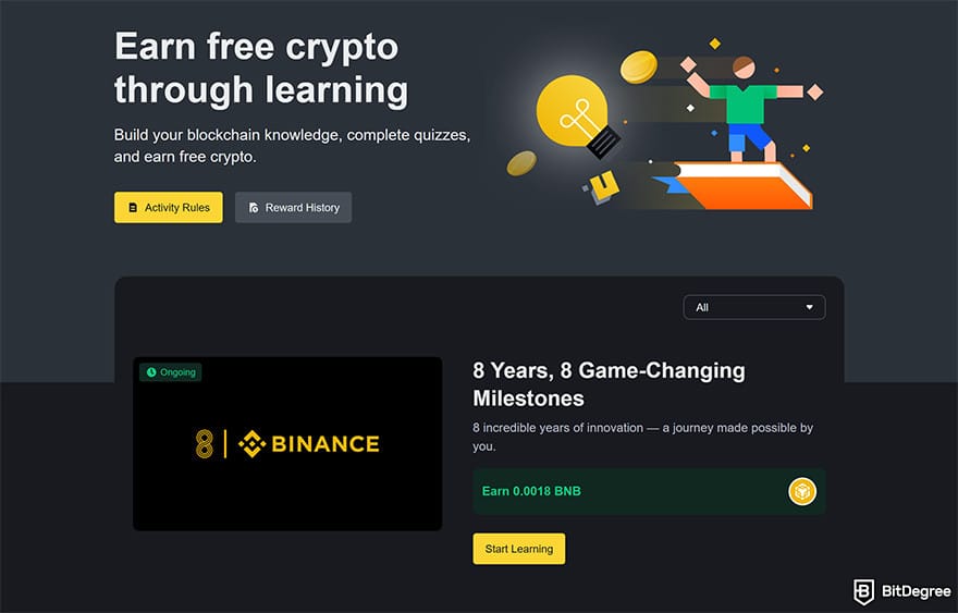Binance Review: Binance learn and earn page.