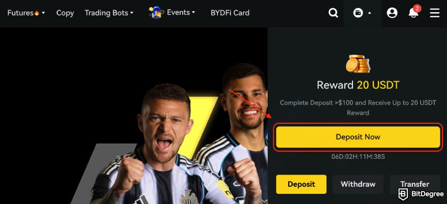 BYDFi review: the [Deposit Now] button.