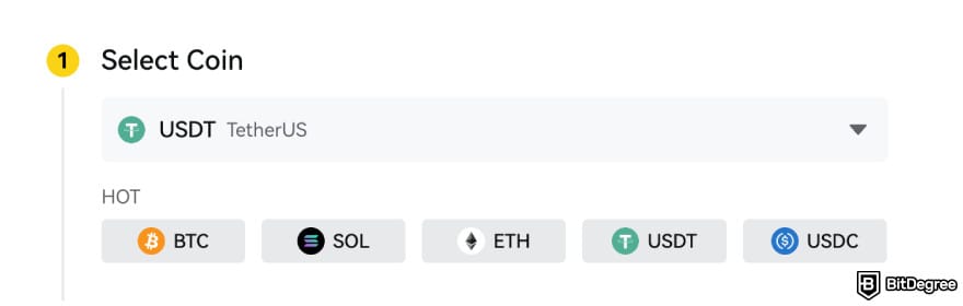 BYDFi review: selecting a coin to deposit. BYDFi review: selecting a coin to deposit.