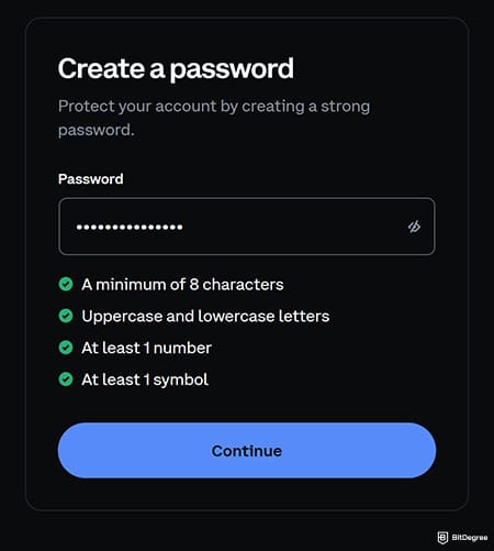 Coinbase review: create password.