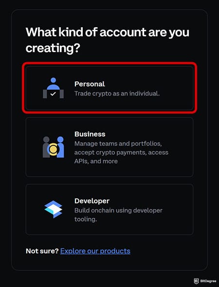 Coinbase review: selecting account type on Coinbase.