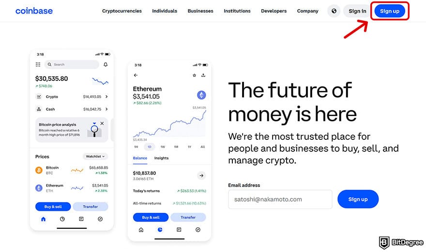 Coinbase review: sign up on Coinbase.