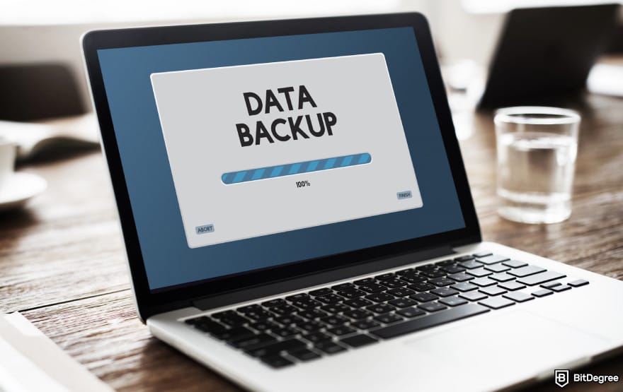 Hardware crypto wallet: data backup loading on a computer.