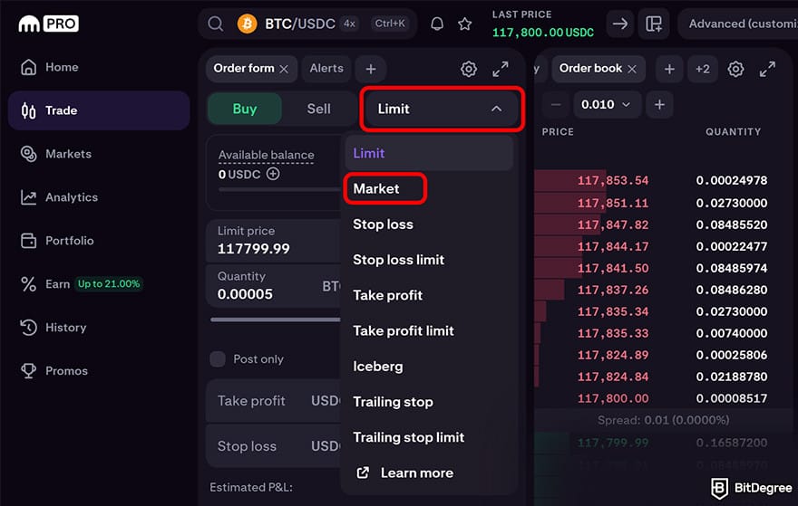 Kraken review: choose the type of order. Kraken review: choose the type of order.