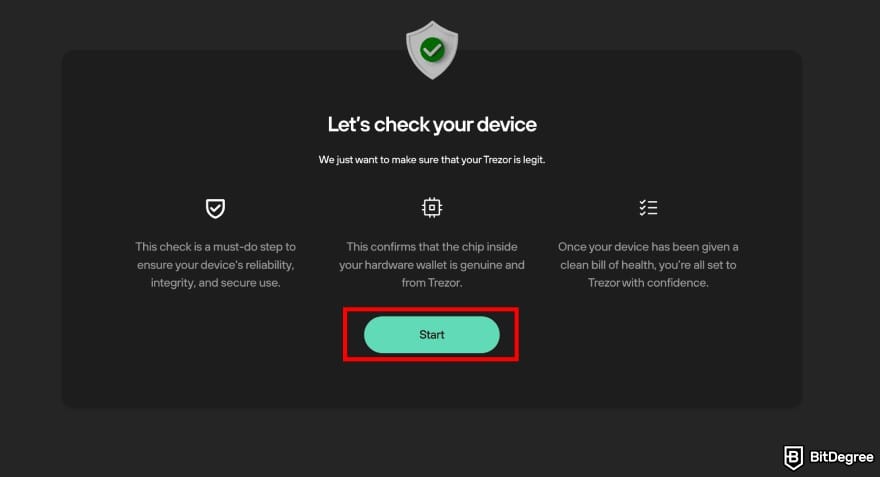 Trezor Safe 7 review: the "Let's check your device" screen, highlighting the [Start] button.