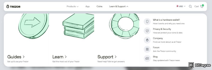 Trezor Safe 7 review: inside Trezor's Learn and Support menu.