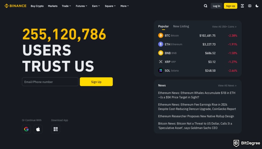 WEEX review: a screenshot of Binance homepage.