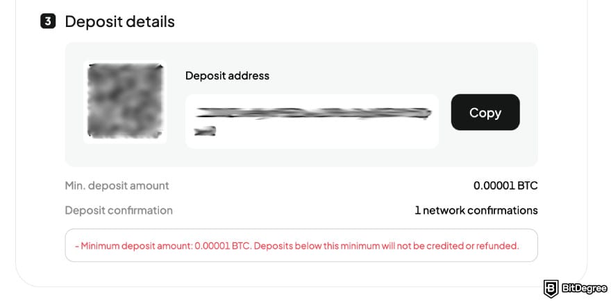 WEEX review: crypto deposit address and QR code.
