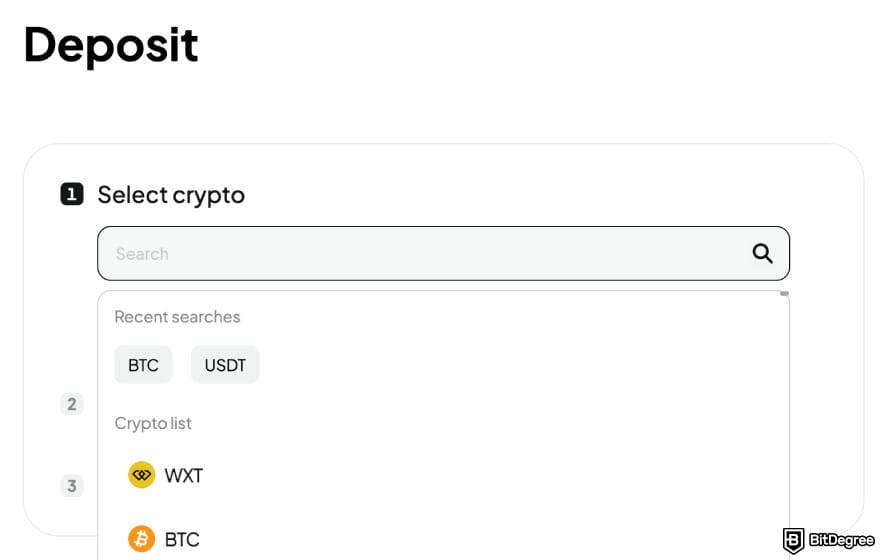 WEEX review: select a crypto to deposit.