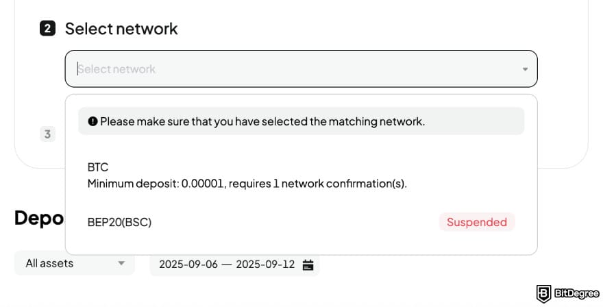WEEX review: select a network for your deposit.